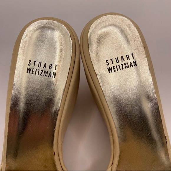 Stuart Weitzman Shoes Womens Size 8.5 Beige Gold Wedge Sandals Slides Buckle - Picture 6 of 15